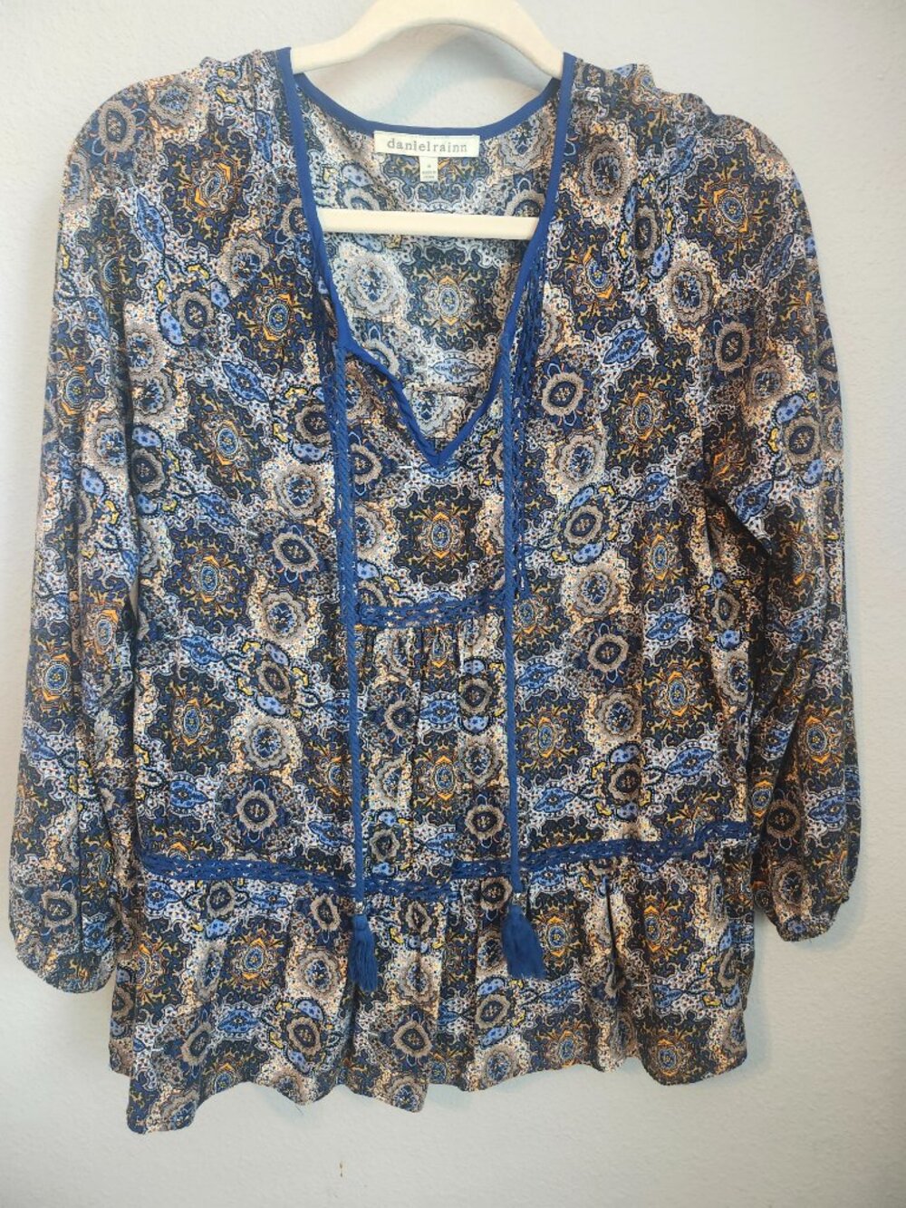 Daniel Rainn Blue Paisley Boho Peasant Blouse Tunic Top Medium